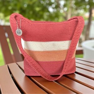 The Sak Crochet Shoulder Bag Pink Orange White Striped Hobo Purse